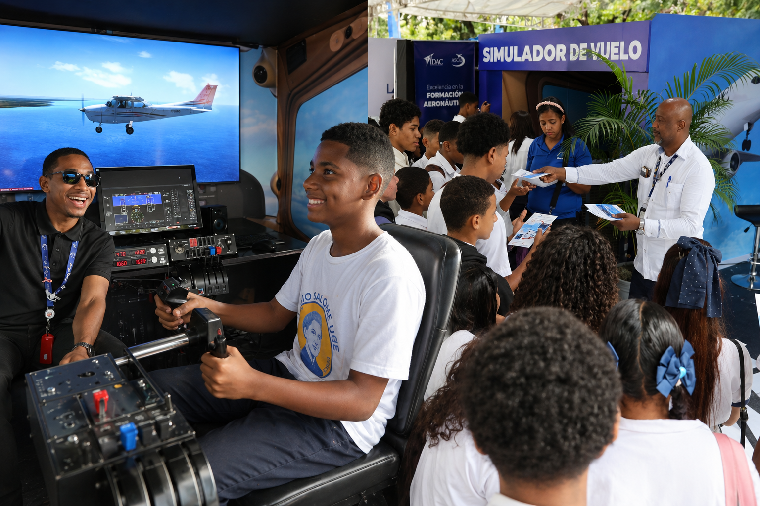 Estudiantes visitan el stand del IDAC en la Feria Regional del Libro y la Cultura y viven la experiencia del Simulador de Vuelo.